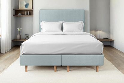 Lit 2x 90x200 cm - Sommier tapissier H35 cm + tête de lit tapissée - Tissu Velours Gris Bleuté