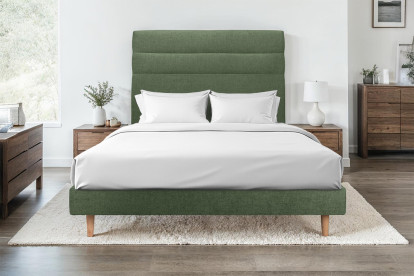 Lit 150x200 cm - Sommier tapissier H29 cm + tête de lit à lignes - Tissu Toile natté Vert Kaki