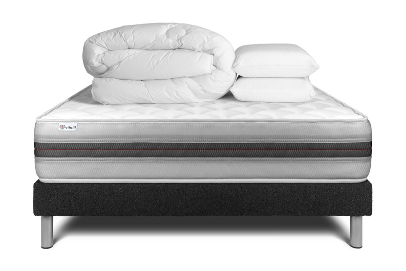 Pack lit complet 140x200 cm - Matelas + Sommier Noir (en kit) + 2 oreillers + Couette - Vitalmemo Back