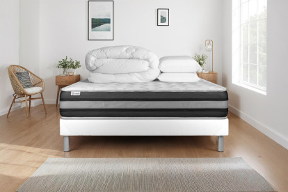 Pack lit complet 140x190 cm - Matelas + Sommier Blanc (en kit) + 2 oreillers + Couette - Vitalspring Zen