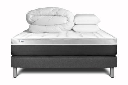 Pack lit complet 200x200 cm - Matelas + Sommier Gris (en kit) + 2 oreillers + Couette - Vital Soft