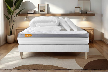 Pack lit complet 140x190 cm - Matelas + Sommier Blanc + 2 oreillers + Couette - Memo Zen