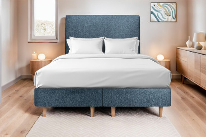 Lit 2x 100x200 cm - Sommier tapissier H35 cm + tête de lit tapissée - Tissu Bouclette Bleu
