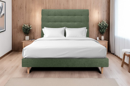 Lit 150x190 cm - Sommier tapissier H29 cm + tête de lit capitonnée - Tissu Toile natté Vert Kaki