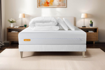 Pack lit complet 140x190 cm - Matelas + Sommier Blanc + 2 oreillers + Couette - Memo Bio