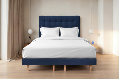 Lit 2x 100x200 cm - Sommier tapissier H29 cm + tête de lit capitonnée - Tissu Velours Bleu Océan