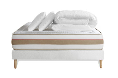 Pack lit complet 180x200 cm - Matelas + Sommier Blanc (en kit) + 2 oreillers + Couette - Le Tendre