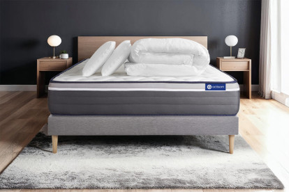 Pack lit complet 140x200 cm - Matelas + Sommier Gris (en kit) + 2 oreillers + Couette - Actiflex Plus
