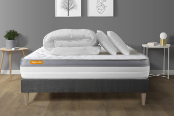 Pack lit complet 140x190 cm - Matelas + Sommier Gris (en kit) + 2 oreillers + Couette - Memo Zen Pack lit complet 140x190 cm - Matelas + Sommier Gris (en kit) + 2 oreillers + Couette - Memo Zen