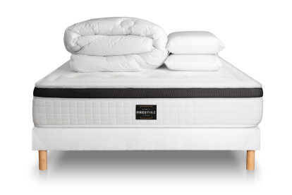 Pack lit complet 160x200 cm - Matelas + Sommier Blanc + 2 oreillers + Couette - Privilège