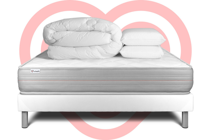 Pack lit complet 160x200 cm - Matelas + Sommier Blanc (en kit) + 2 oreillers + Couette - Vitalmemo