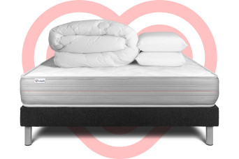 Pack lit complet 140x200 cm - Matelas + Sommier Noir (en kit) + 2 oreillers + Couette - Vitalmemo