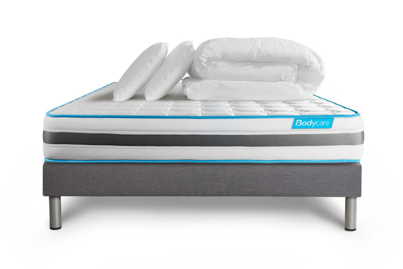 Pack lit complet 140x190 cm - Matelas + Sommier Gris + 2 oreillers + Couette - Bodyzone