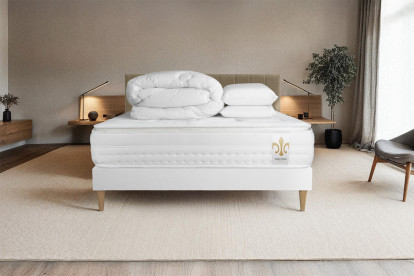 Pack lit complet 140x190 cm - Matelas + Sommier Blanc + 2 oreillers + Couette - Vingt-Huit PLUS