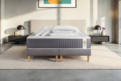 Pack lit complet 200x200 cm - Matelas + 2 Sommiers Gris + 2 oreillers + Couette - Vingt-Six