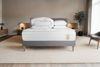 Pack lit complet 180x200 cm - Matelas + Sommier Gris (en kit) + 2 oreillers + Couette - Vingt-Huit PLUS