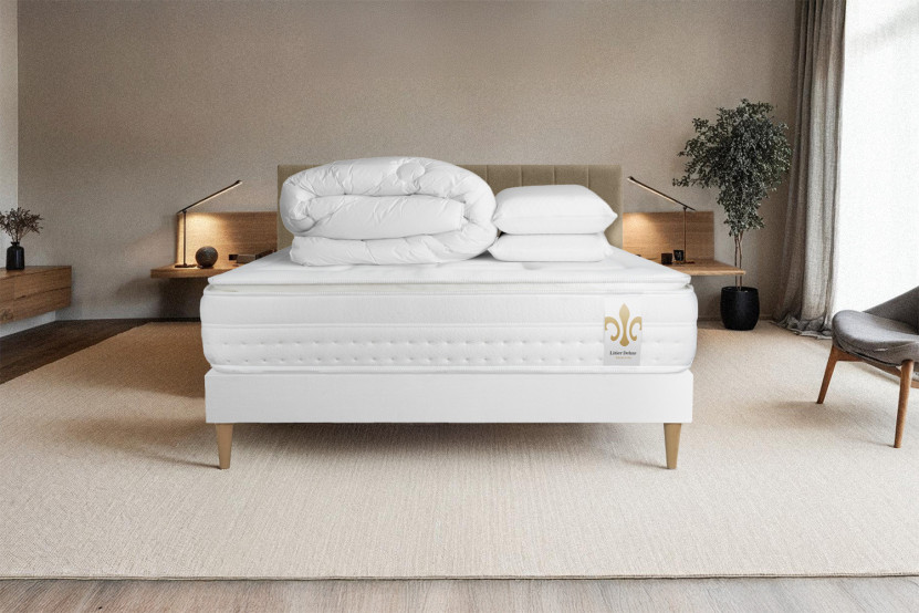 Pack lit complet 140x190 cm - Matelas + Sommier Blanc (en kit) + 2 oreillers + Couette - Vingt-Huit PLUS