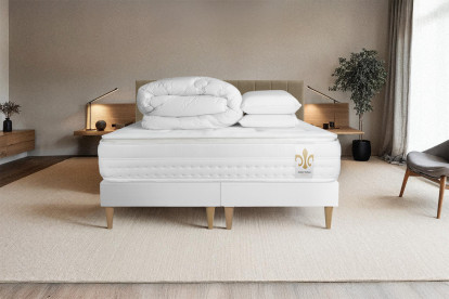Pack lit complet 200x200 cm - Matelas + 2 Sommiers Blancs + 2 oreillers + Couette - Vingt-Huit PLUS