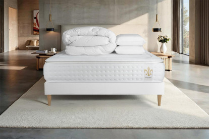 Pack lit complet 160x200 cm - Matelas + Sommier Blanc (en kit) + 2 oreillers + Couette - Vingt-Quatre PLUS