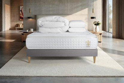 Pack lit complet 160x200 cm - Matelas + Sommier Gris + 2 oreillers + Couette - Vingt-Quatre PLUS