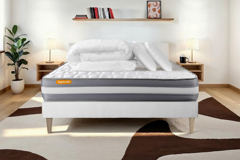 Pack lit complet 200x200 cm - Matelas + Sommier Blanc (en kit) + 2 oreillers + Couette - Memo Plus