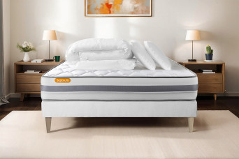 Pack lit complet 200x200 cm - Matelas + Sommier Blanc (en kit) + 2 oreillers + Couette - Memo Spring