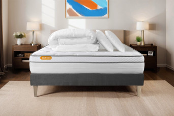 Pack lit complet 140x200 cm - Matelas + Sommier Gris (en kit) + 2 oreillers + Couette - Memo Luxe Pack lit complet 140x200 cm - Matelas + Sommier Gris (en kit) + 2 oreillers + Couette - Memo Luxe