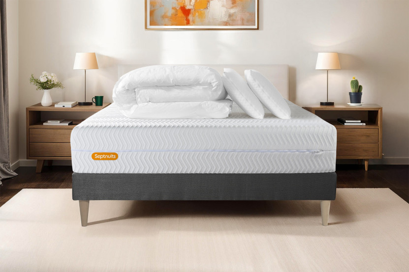 Pack lit complet 140x200 cm - Matelas + Sommier Gris + 2 oreillers + Couette - Memo Bio