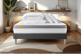 Pack lit complet 180x200 cm - Matelas + Sommier Gris (en kit) + 2 oreillers + Couette - Memo Zen