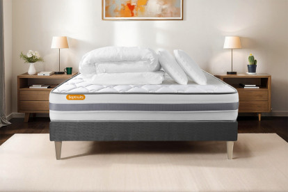 Pack lit complet 160x200 cm - Matelas + Sommier Gris + 2 oreillers + Couette - Memo Spring