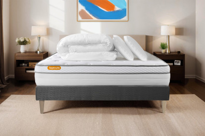 Pack lit complet 180x200 cm - Matelas + Sommier Gris (en kit) + 2 oreillers + Couette - Memo Luxe
