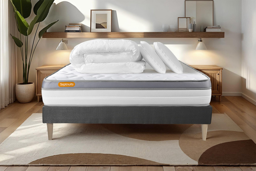 Pack lit complet 140x190 cm - Matelas + Sommier Gris (en kit) + 2 oreillers + Couette - Memo Zen