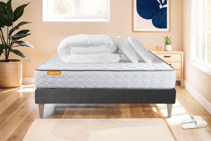 Pack lit complet 140x190 cm - Matelas + Sommier Gris (en kit) + 2 oreillers + Couette - Memo