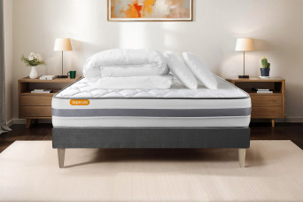 Pack lit complet 140x200 cm - Matelas + Sommier Gris + 2 oreillers + Couette - Memo Spring