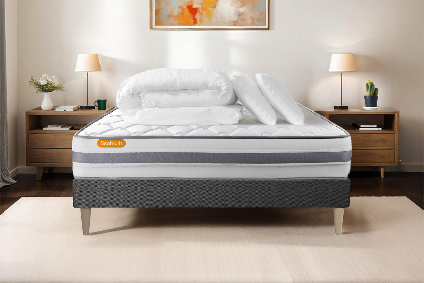 Pack lit complet 140x200 cm - Matelas + Sommier Gris + 2 oreillers + Couette - Memo Spring