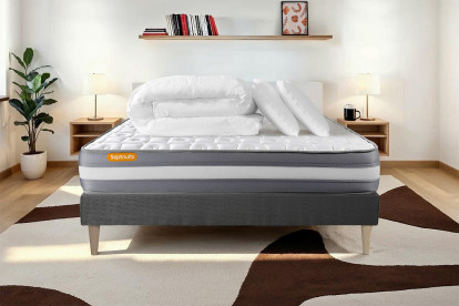 Pack lit complet 140x190 cm - Matelas + Sommier Gris (en kit) + 2 oreillers + Couette - Memo Plus
