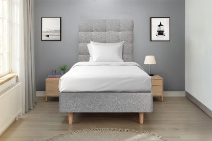 Lit 90x200 cm - Sommier tapissier H35 cm + tête de lit capitonnée - Tissu Bouclette Gris