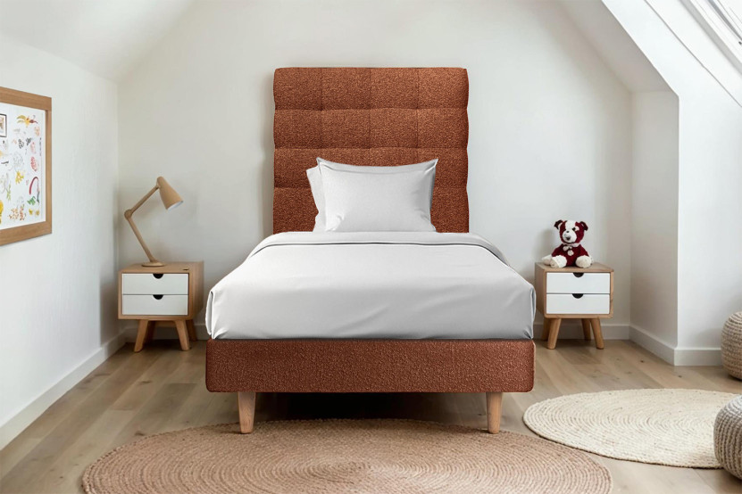 Lit 90x190 cm avec Tête de lit capitonnée - Tissu Bouclette