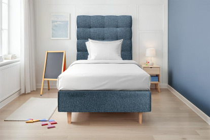 Lit 90x190 cm - Sommier tapissier H35 cm + tête de lit capitonnée - Tissu Bouclette Bleu