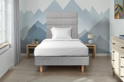 Lit 90x200 cm - Sommier tapissier H29 cm + tête de lit à lignes - Tissu Bouclette Gris