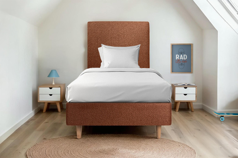 Lit 90x200 cm avec Tête de lit tapissée - Tissu Bouclette Terracotta