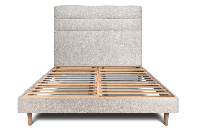 Lit 160x200 cm avec Tête de lit à lignes - Tissu Bouclette Beige Clair