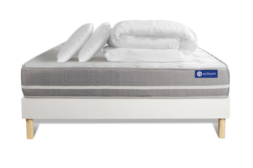 Pack lit complet 140x200 cm - Matelas + Sommier Blanc (en kit) + 2 oreillers + Couette - Actiflex Touch