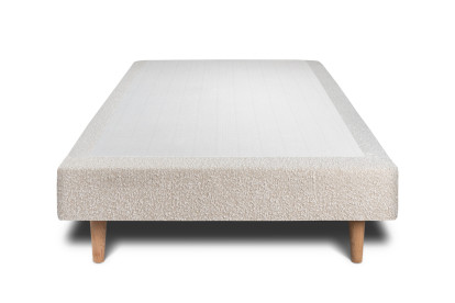 Lit 90x200 cm - Sommier tapissier H29 cm + tête de lit à lignes - Tissu Bouclette Beige Clair