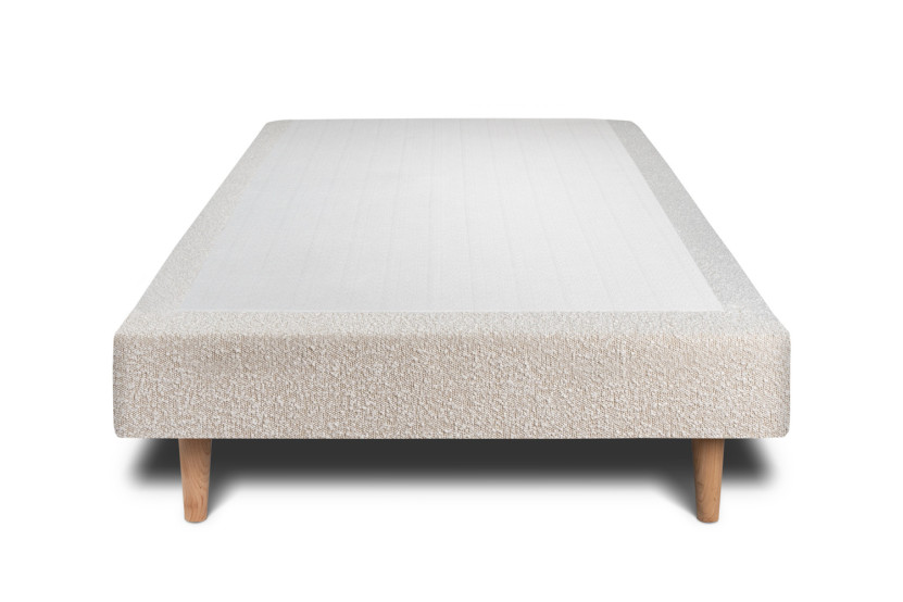 Lit 90x200 cm avec Tête de lit à lignes - Tissu Bouclette Beige Clair