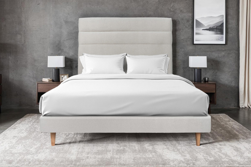 Lit 160x200 cm avec Tête de lit à lignes - Tissu Velours Gris Clair