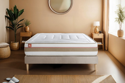Pack lit complet 200x200 cm - Matelas + Sommier Beige (en kit) + 2 oreillers + Couette - Le Tendre