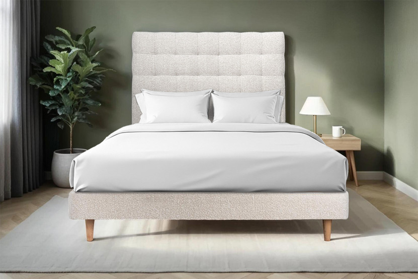 Lit 200x200 cm avec Tête de lit capitonnée - Tissu Bouclette Beige Clair