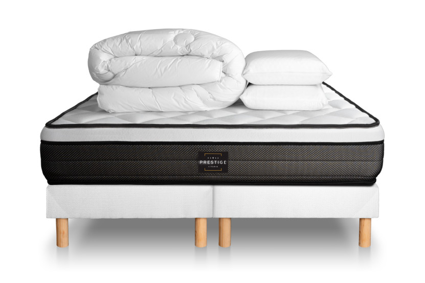 Pack lit complet 200x200 cm - Matelas + 2 Sommiers Blancs + 2 oreillers + Couette - Suite
