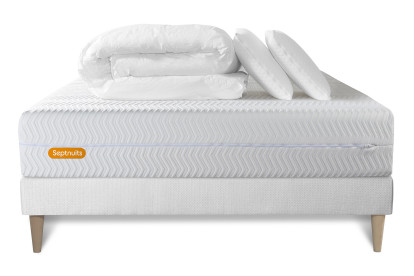 Pack lit complet 200x200 cm - Matelas + Sommier Blanc (en kit) + 2 oreillers + Couette - Memo Bio